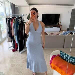 Light Blue Halter Maxi Dress with V-Neck